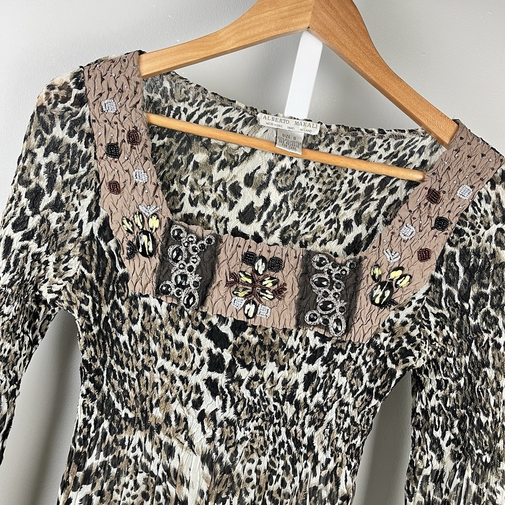 Alberto Makali Crinkle Top Womens S Animal Print Vintage Y2K Beaded Glam